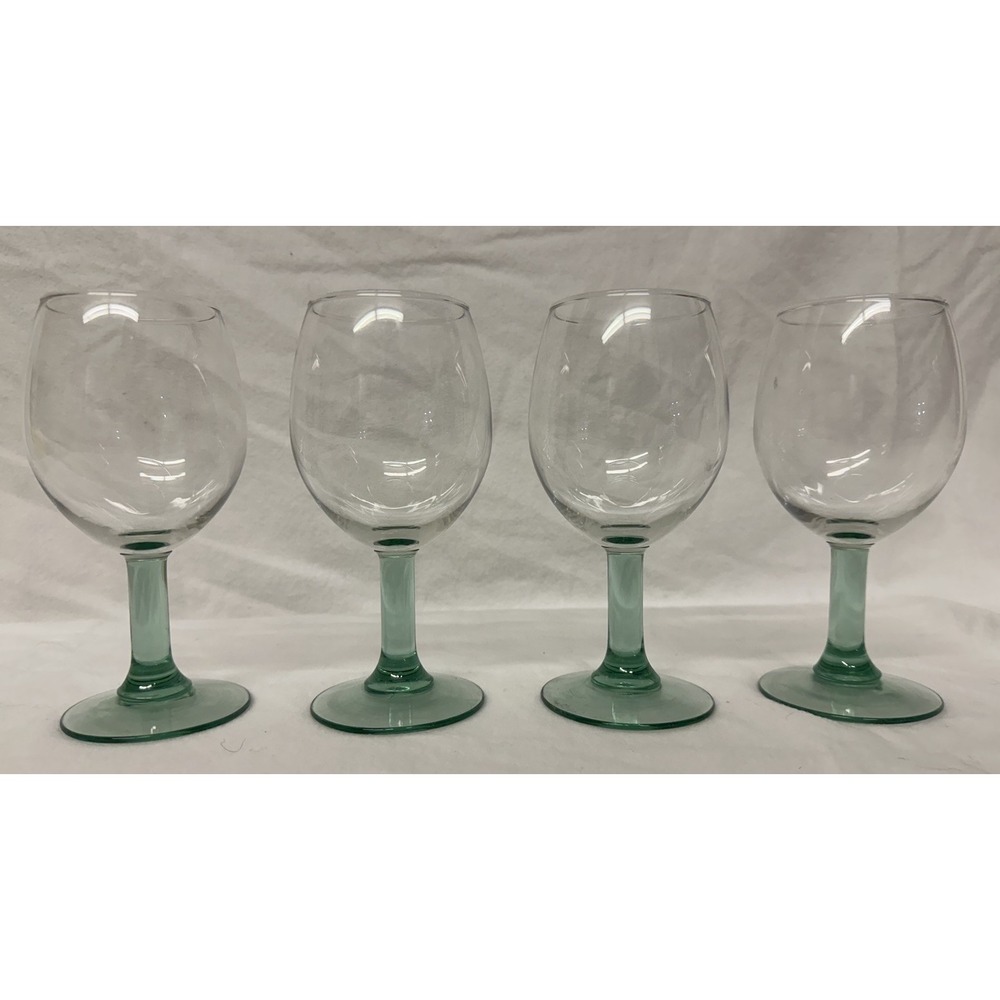Sea Green Stem Wine Glasses Clear Bowl ~6.5" Set Of 4 Vtg 80s